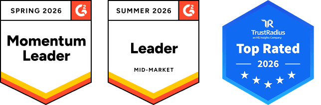 Three award badges are displayed. The first badge on the left, labeled "Momentum Leader," is marked for Spring 2026. The middle badge features the word "Leader" with "MID-MARKET" beneath it and is designated for Summer 2026. The third badge on the right is blue and labeled "Top Rated 2026," featuring a star design and the logo for TrustRadius.