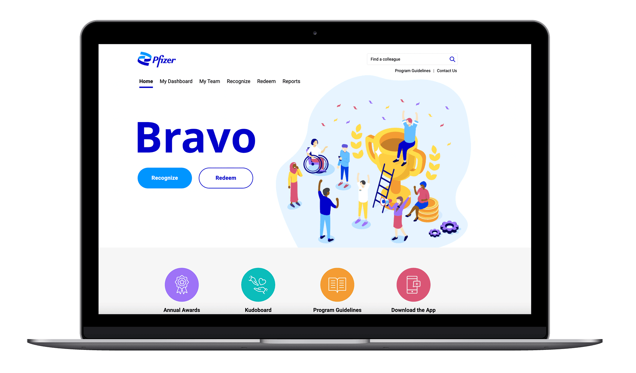 desktop view of Pfizer's employee recognition platform, Bravo