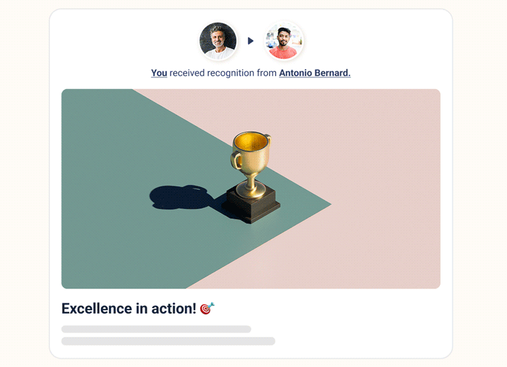 A gold trophy is placed on a dark base, casting a shadow on a pastel-colored background with pink and blue sections. Surrounding the trophy are icons representing different applications, including Slack, Teams, and Google Chrome, along with the text "Excellence in action!" and a notification stating recognition received from Antonio Bernard.